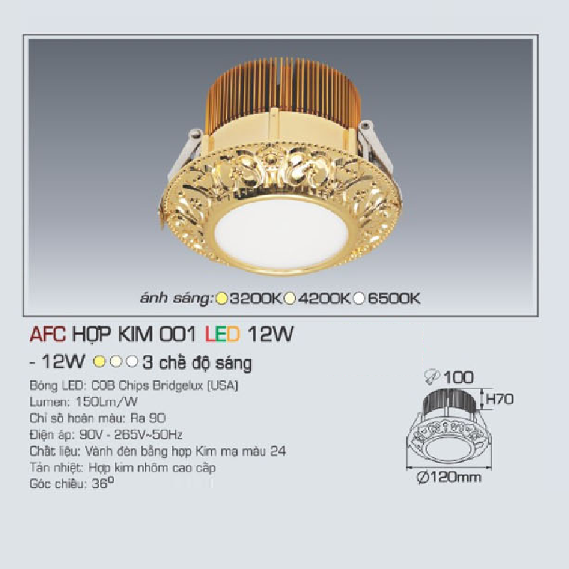 AFC HỢP KIM 001 LED 12W: Đèn LED âm trần 12W, 1 chế độ ánh sáng (vàng/trung tính/trắng)