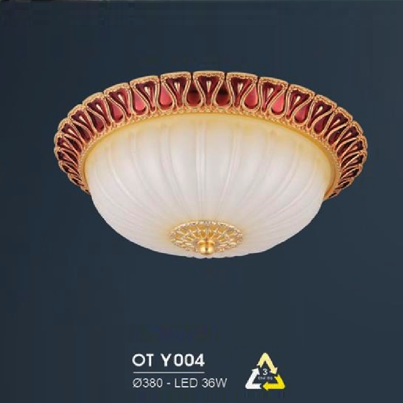 HF - OT  Y004: Đèn ốp trần LED chao thủy tinh - KT: Ø380mm - Đèn LED 36W đổi 3 màu