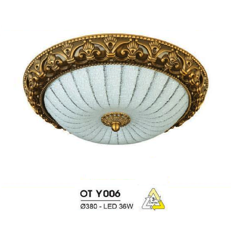HF - OT  Y006: Đèn ốp trần LED chao thủy tinh - KT: Ø380mm - Đèn LED 36W đổi 3 màu