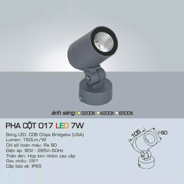 AFC - 017 LED 7W: Đèn pha cột LED 7W - Ánh sáng vàng/trung tính/trắng