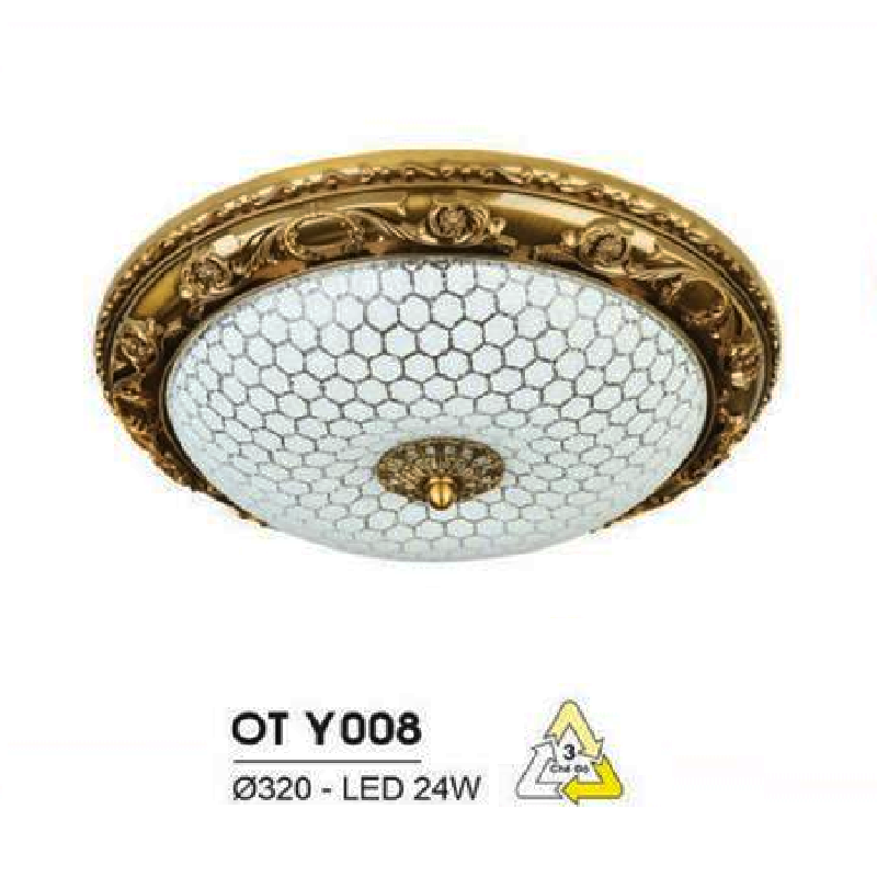 HF - OT  Y008: Đèn ốp trần LED chao thủy tinh - KT: Ø320mm - Đèn LED 24W đổi 3 màu