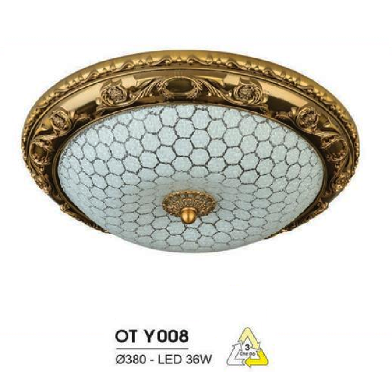 HF - OT  Y008: Đèn ốp trần LED chao thủy tinh - KT: Ø380mm - Đèn LED 36W đổi 3 màu