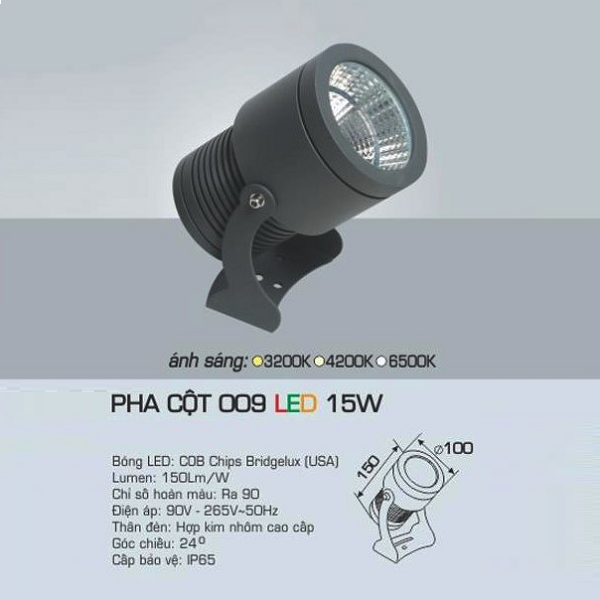 AFC - 009 LED 15W: Đèn pha cột LED 15W - Ánh sáng vàng/trung tính/trắng