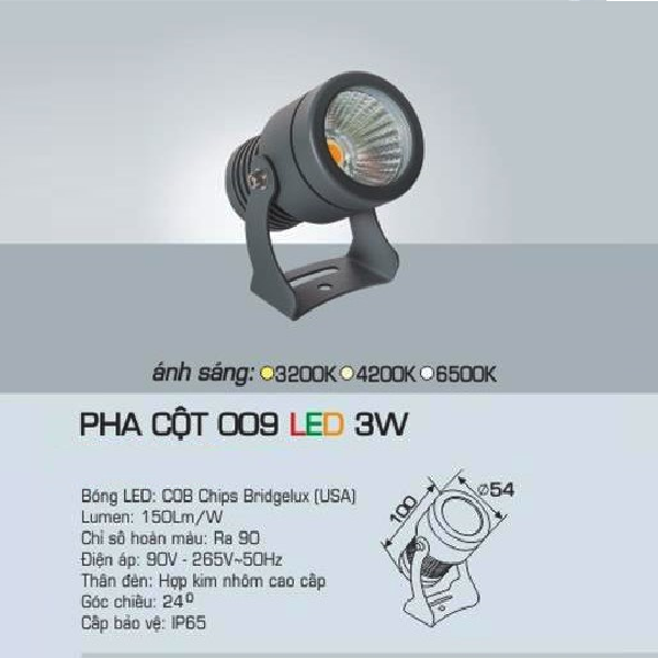 AFC - 009 LED 3W: Đèn pha cột LED 3W - Ánh sáng vàng/trung tính/trắng