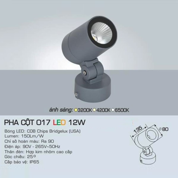 AFC - 017 LED 12W: Đèn pha cột LED 12W - Ánh sáng vàng/trung tính/trắng