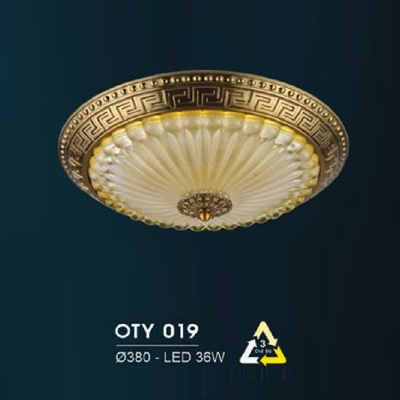 HF - OTY  019: Đèn ốp trần LED chao thủy tinh - KT: Ø380mm - Đèn LED 36W đổi 3 màu