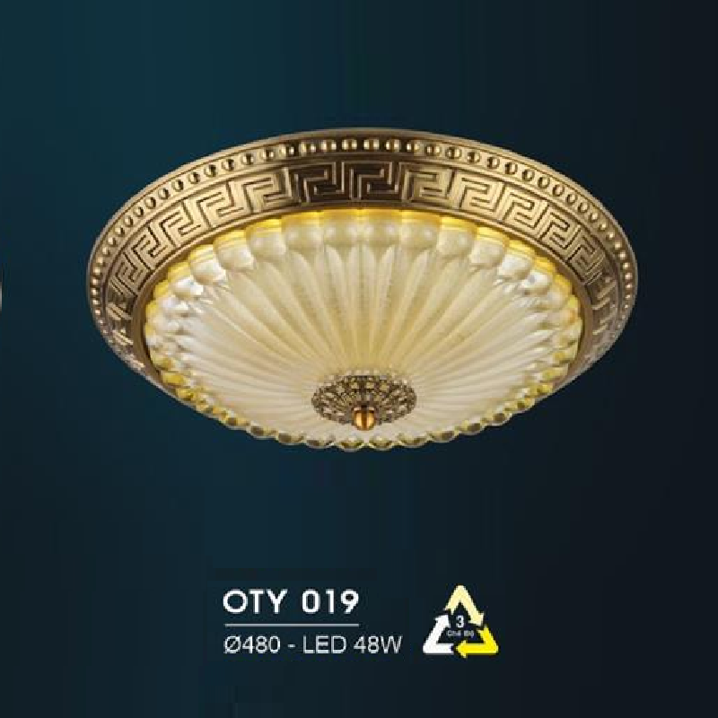 HF - OTY 019: Đèn ốp trần LED chao thủy tinh - KT: Ø480mm - Đèn LED 48W đổi 3 màu