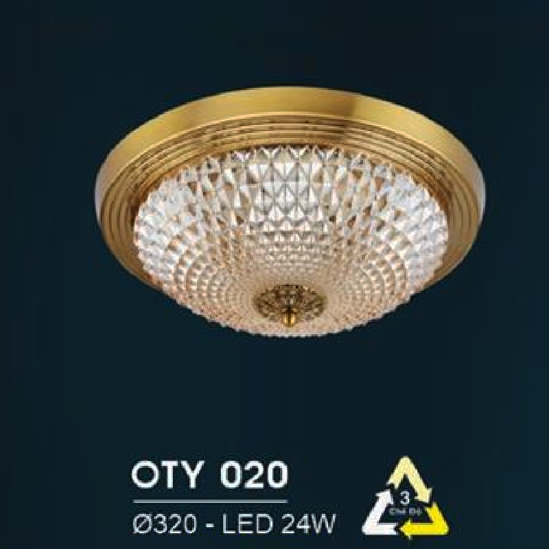 HF - OT  Y020: Đèn ốp trần LED chao thủy tinh - KT: Ø320mm - Đèn LED 24W đổi 3 màu
