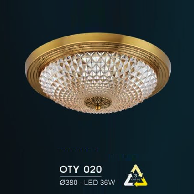 HF - OT  Y020: Đèn ốp trần LED chao thủy tinh - KT: Ø380mm - Đèn LED 36W đổi 3 màu