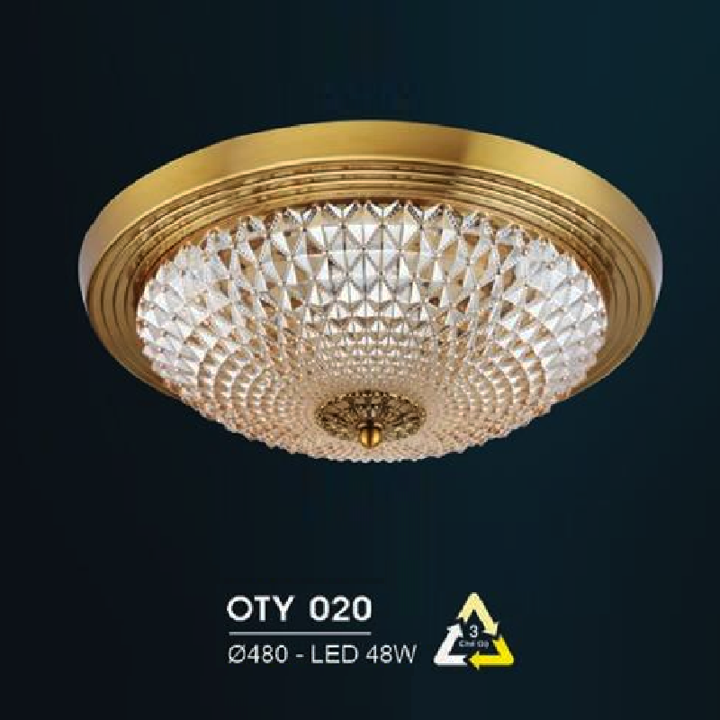 HF - OT  Y020: Đèn ốp trần LED chao thủy tinh - KT: Ø480mm - Đèn LED 48W đổi 3 màu