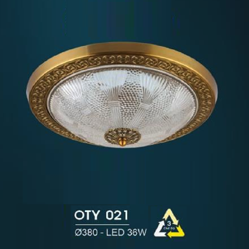 HF - OTY 021: Đèn ốp trần LED chao thủy tinh - KT: Ø380mm - Đèn LED 36W đổi 3 màu