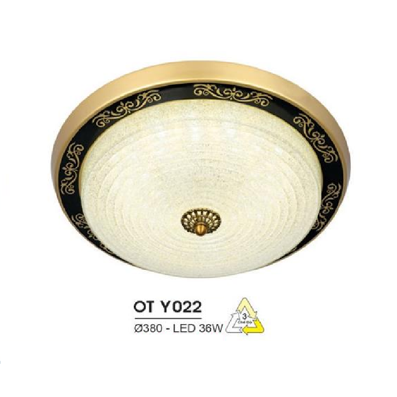 HF - OT  Y022: Đèn ốp trần LED chao thủy tinh - KT: Ø380mm - Đèn LED 36W đổi 3 màu