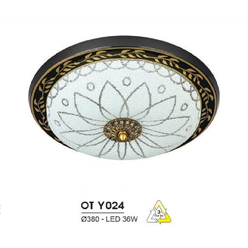 HF - OT  Y024: Đèn ốp trần LED chao thủy tinh - KT: Ø380mm - Đèn LED 36W đổi 3 màu