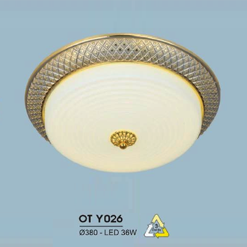 HF - OT  Y026: Đèn ốp trần LED chao thủy tinh - KT: Ø380mm - Đèn LED 36W đổi 3 màu
