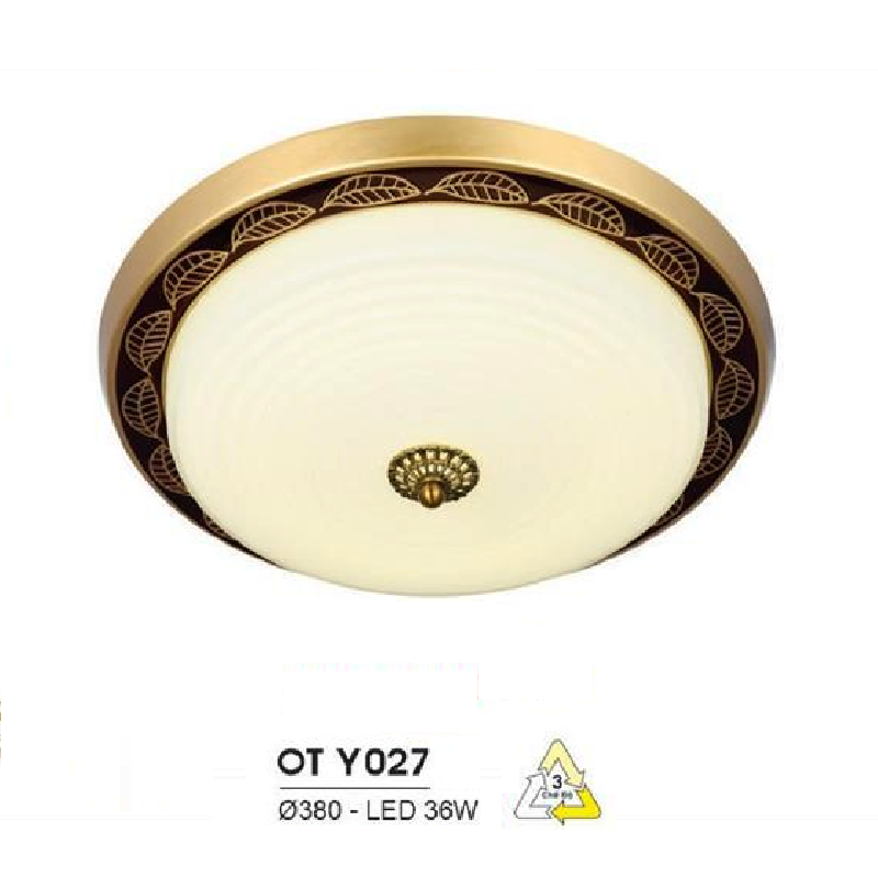 HF - OT  Y027: Đèn ốp trần LED chao thủy tinh - KT: Ø380mm - Đèn LED 36W đổi 3 màu