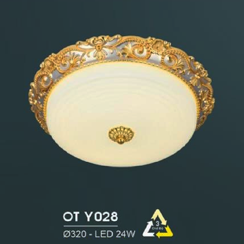 HF - OT  Y028: Đèn ốp trần LED chao thủy tinh - KT: Ø320mm - Đèn LED 24W đổi 3 màu