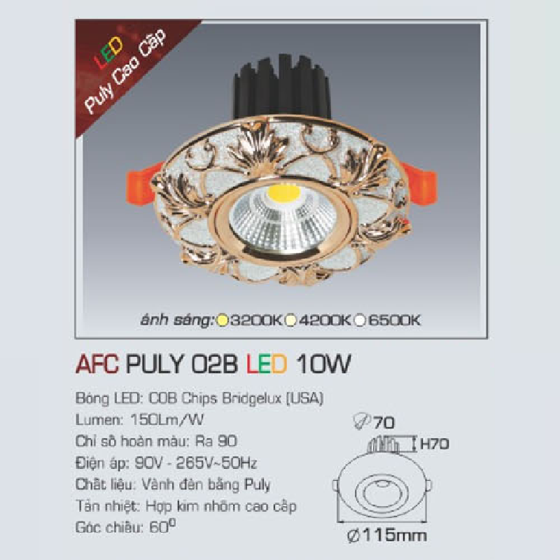 AFC PULY 02B LED 10W: Đèn LED âm trần 10W, 1 chế độ ánh sáng (vàng/trung tính/trắng)