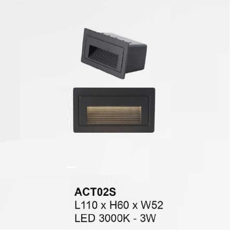 35 - ACT02S: Đèn âm tường/âm bậc cầu thang - KT: L110mm x W52mm  x H60mm - Đèn LED 3W ánh sáng vàng 3000K