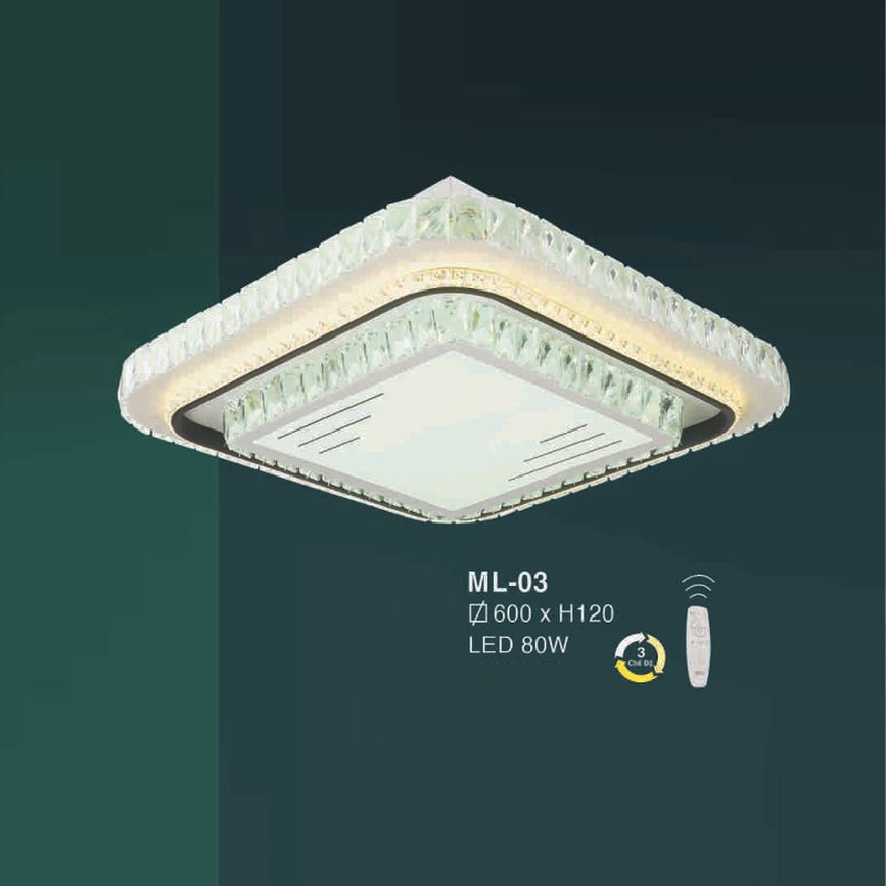 E - ML - 03: Đèn áp trần LED vuông - KT: L600mm x W600mm x H120mm  - Đèn LED 80W  ánh sáng đổi 3 màu - Remote