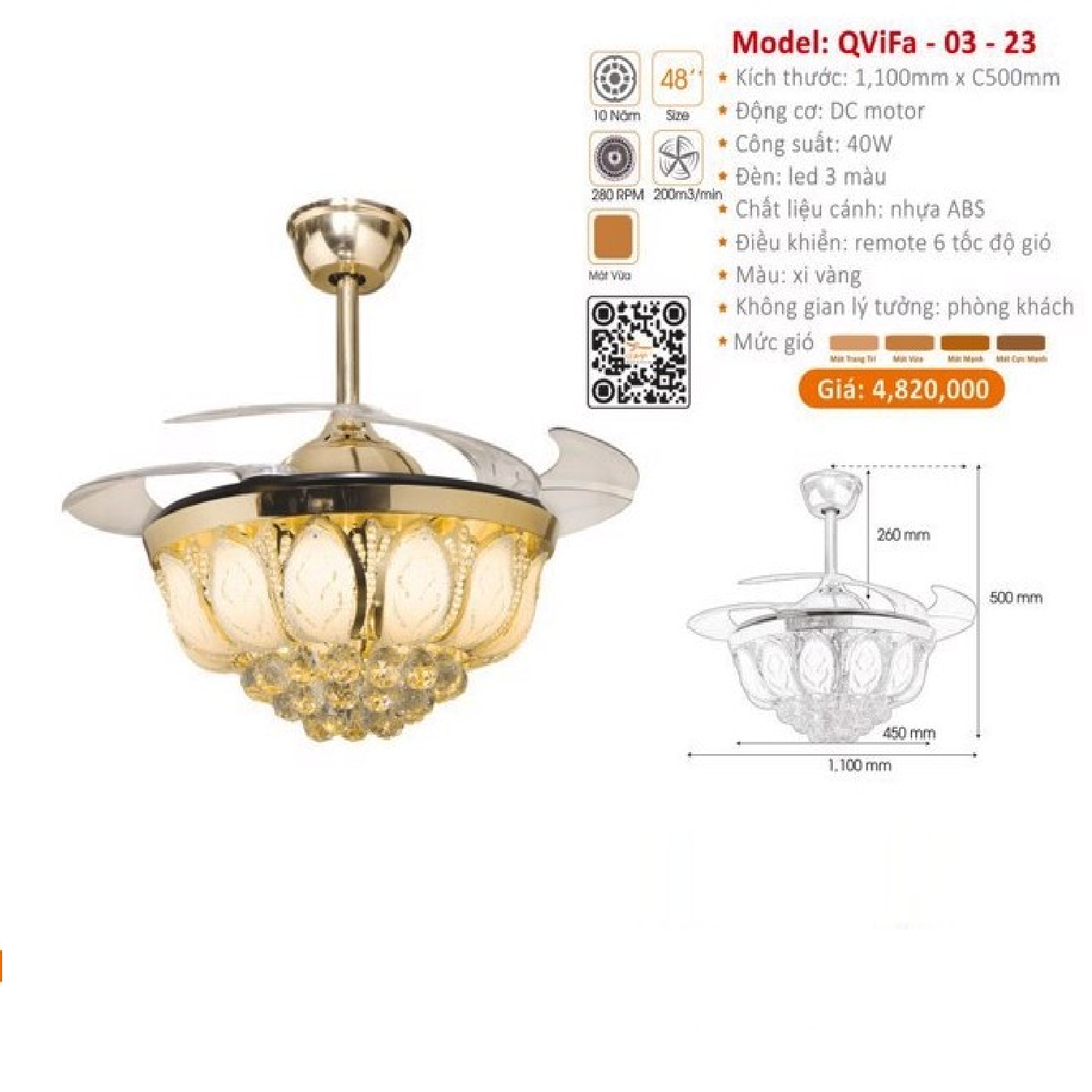 QViFa - 03-23: Quạt trần đèn LED Phale cánh nhựa xếp