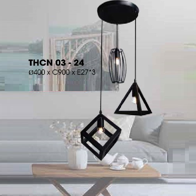 THCN 03-24: Đèn thả 3 gắn tròn - KT: Ø400mm x H900mm - Bóng đèn E27 x 3 bóng
