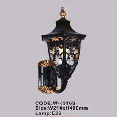 CODE: W - 0316S: Đèn gắn tường ngoài trời - KT: W210mm x H400mm - Đèn E27 x 1 bóng