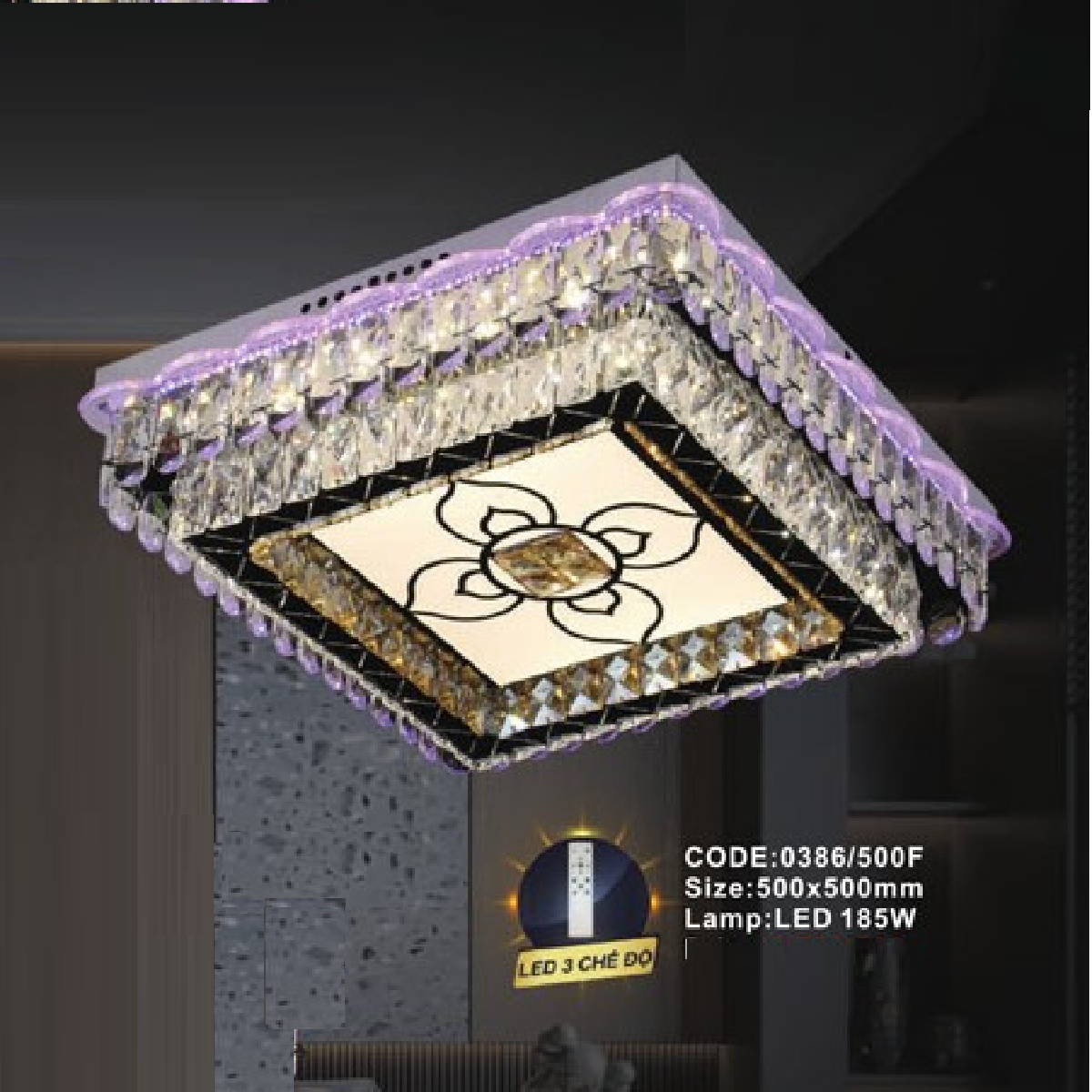CODE: 0386/500F: Đèn áp trần vuông LED - KT: L500mm x W500mm - Đèn LED 185W đổi 3 màu