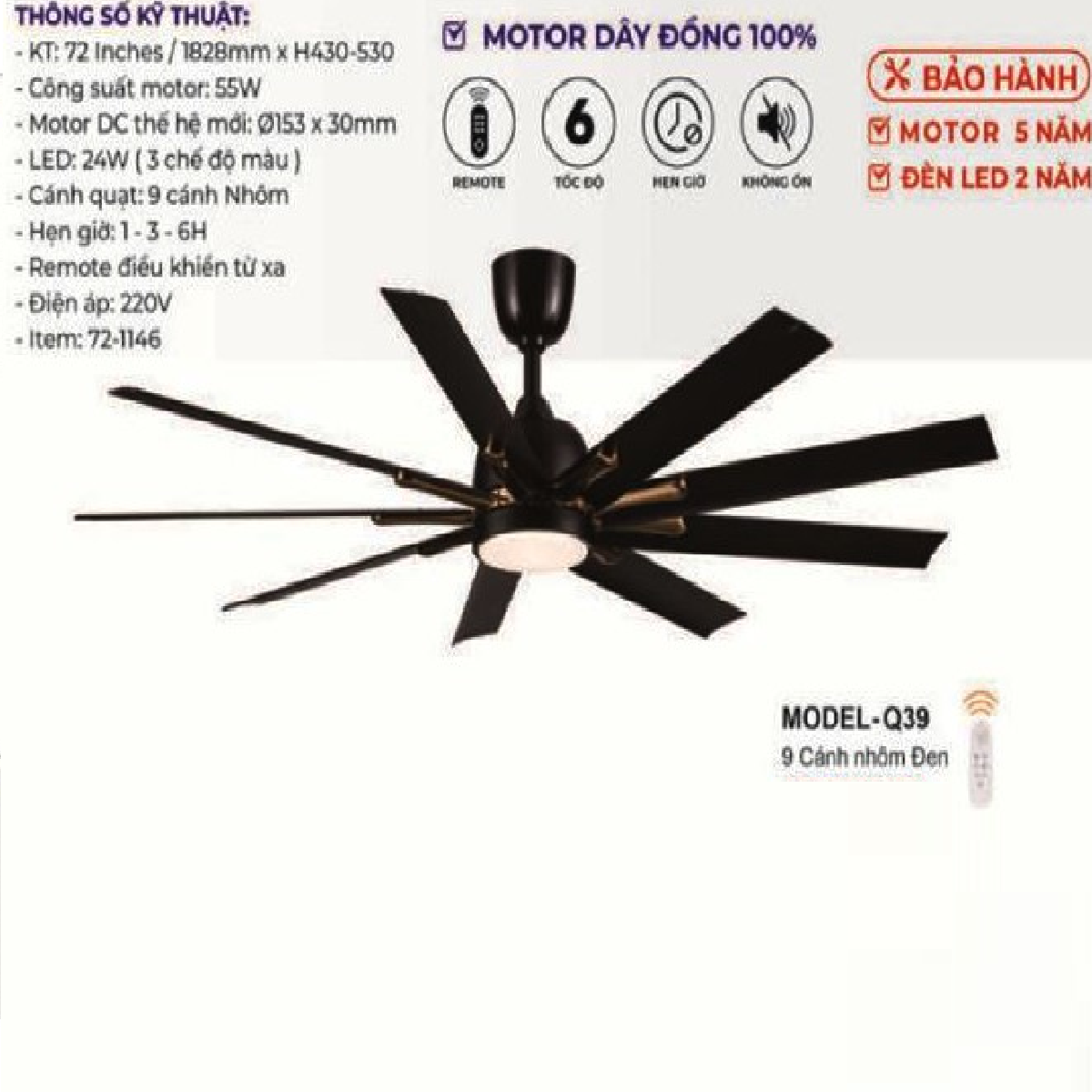 E - MODEL - Q39: Quạt trần đèn LED 9 cánh Nhôm màu Đen
