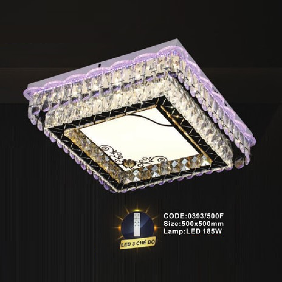CODE: 0393/500F: Đèn áp trần vuông LED - KT: L500mm x W500mm - Đèn LED 185W đổi 3 màu