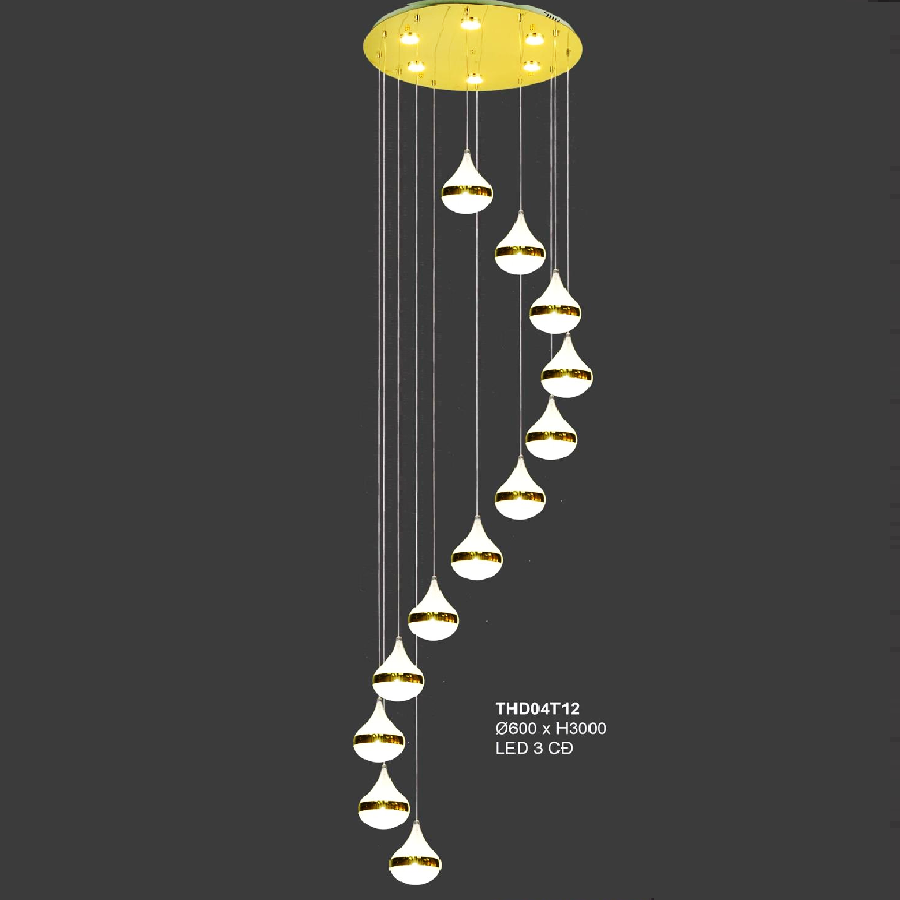 355 - THD04T12 : Đèn thả dây LED - KT : Ø600mm x H3000mm - Đèn LED x12 bóng,  ánh sáng đổi 3 màu