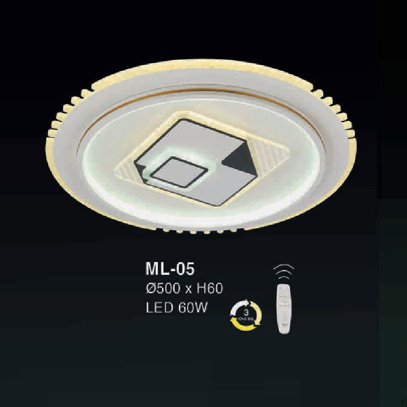 E - ML - 05: Đèn áp trần LED - KT: Ø500mm x H60mm - Đèn LED 60W ánh sáng đổi 3 màu - Remote