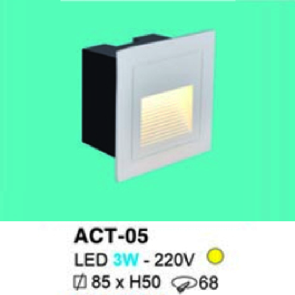 HF -  ACT - 05: Đèn âm tường/ âm bậc cầu thang - KT: 85mm x 85mm  x H50mm - Lổ khoét: Ø68mm - Đèn LED 3W - 220V ánh sáng vàng
