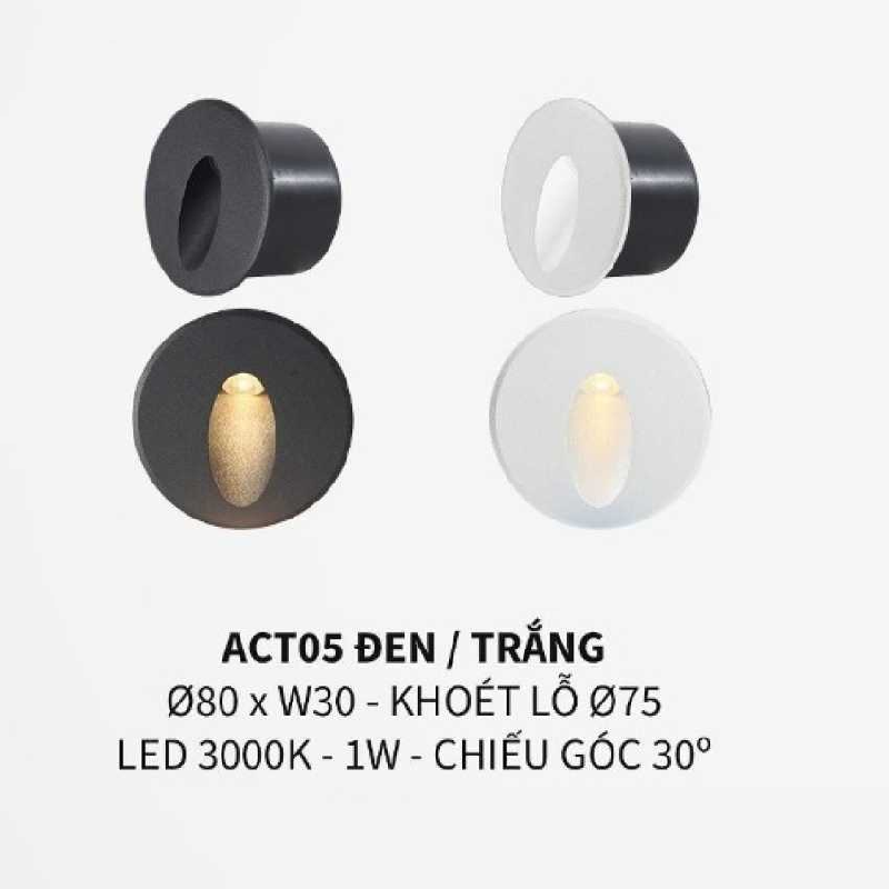 35 - ACT05 TRẮNG/ĐEN: Đèn âm tường/âm bậc cầu thang màu Trắng/Đen - KT: 80mm x W30mm - Lổ khoét: Ø75mm - Đèn LED 1W ánh sáng vàng