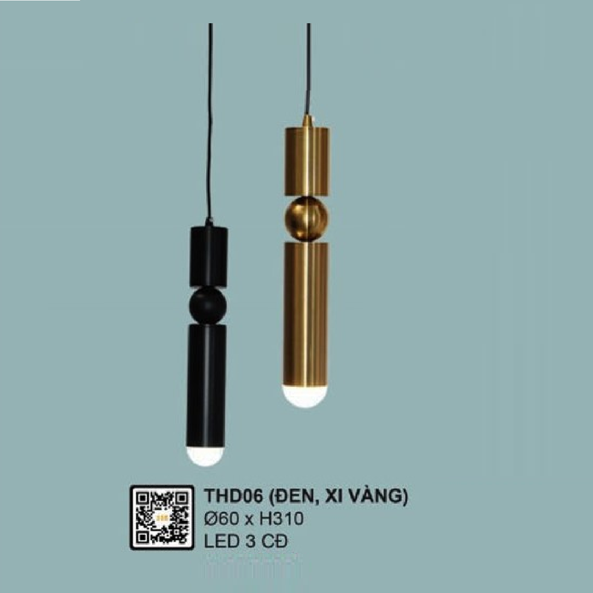 35 - THD06: Đèn thả ống LED ( Đen/Xi vàng) - KT: Ø60mm x H310mm - Đèn LED đổi 3 màu