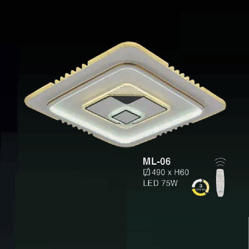 E - ML - 06: Đèn áp trần LED vuông - KT: L490mm x W490mm x H60mm  - Đèn LED 75W  ánh sáng đổi 3 màu - Remote