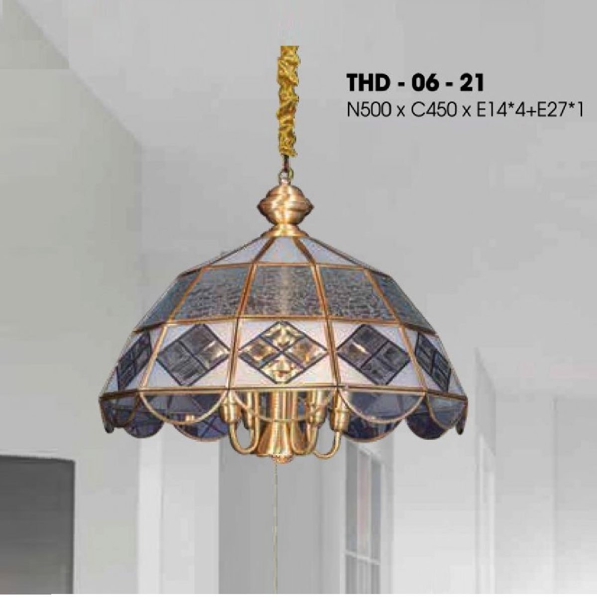 THD - 06 - 21: Đèn thả đơn xi mạ đồng - KT: W500mm x H450mm - Bóng đèn E14 x 4 bóng + E27 x 1 bóng