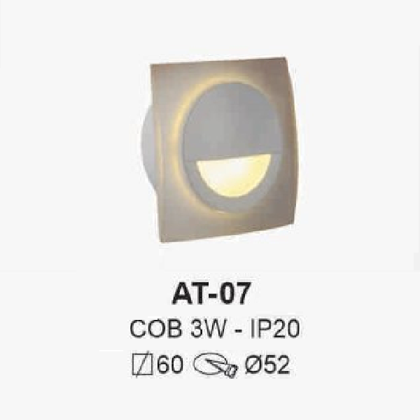 AT - 07: Đèn âm tường/âm bậc cầu thang - IP 20 - KT: Vuông 60mm - Lổ khoét: Ø52mm - Bóng đèn LED COB 3W