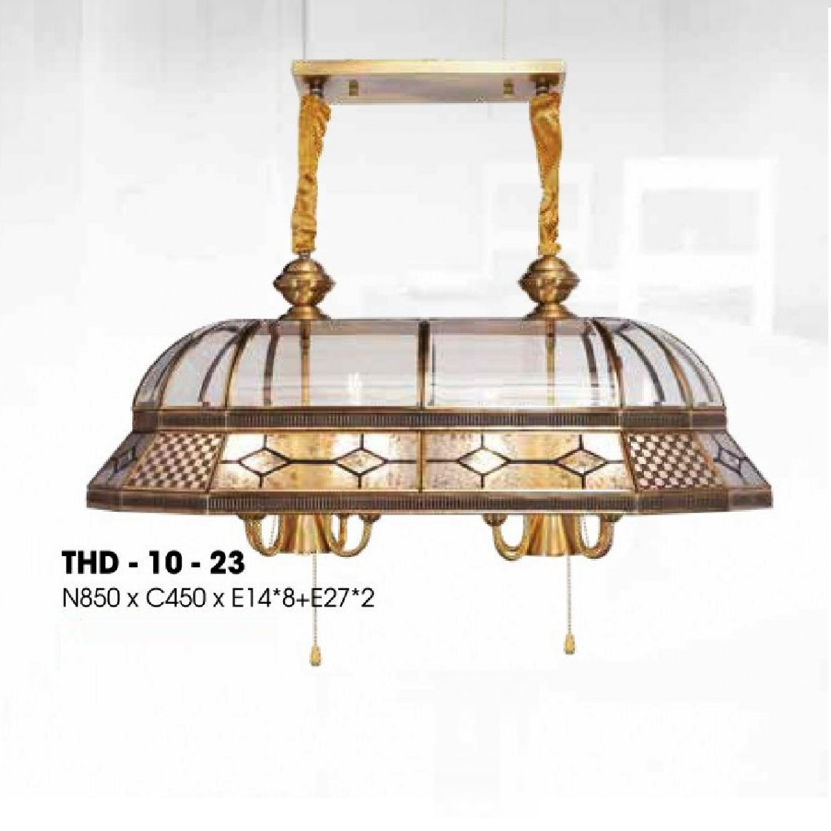 THD - 10 - 23: Đèn thả đơn ngang đồng -  KT: W850mm x H450mm - Bóng đèn E14 x 8 bóng + E27 x 2 bóng