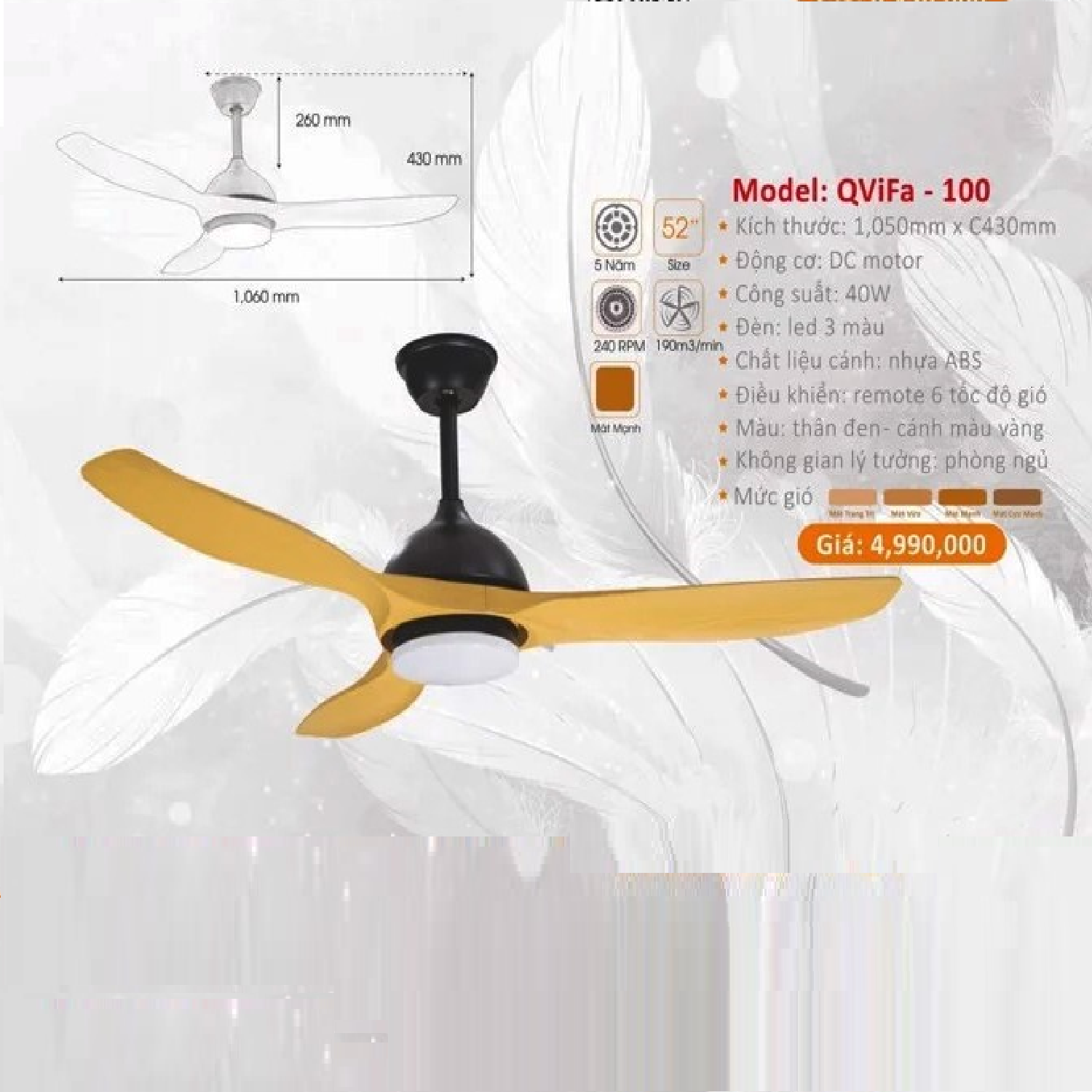 QViFa - 100: Quạt trần đèn LED 3 cánh Nhựa
