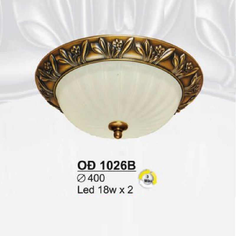 SN - OĐ 1026B: Đèn ốp đồng chao thủy tinh trắng - KT: Ø400 - Bóng đèn LED 18W x 2 ánh sáng đổi màu