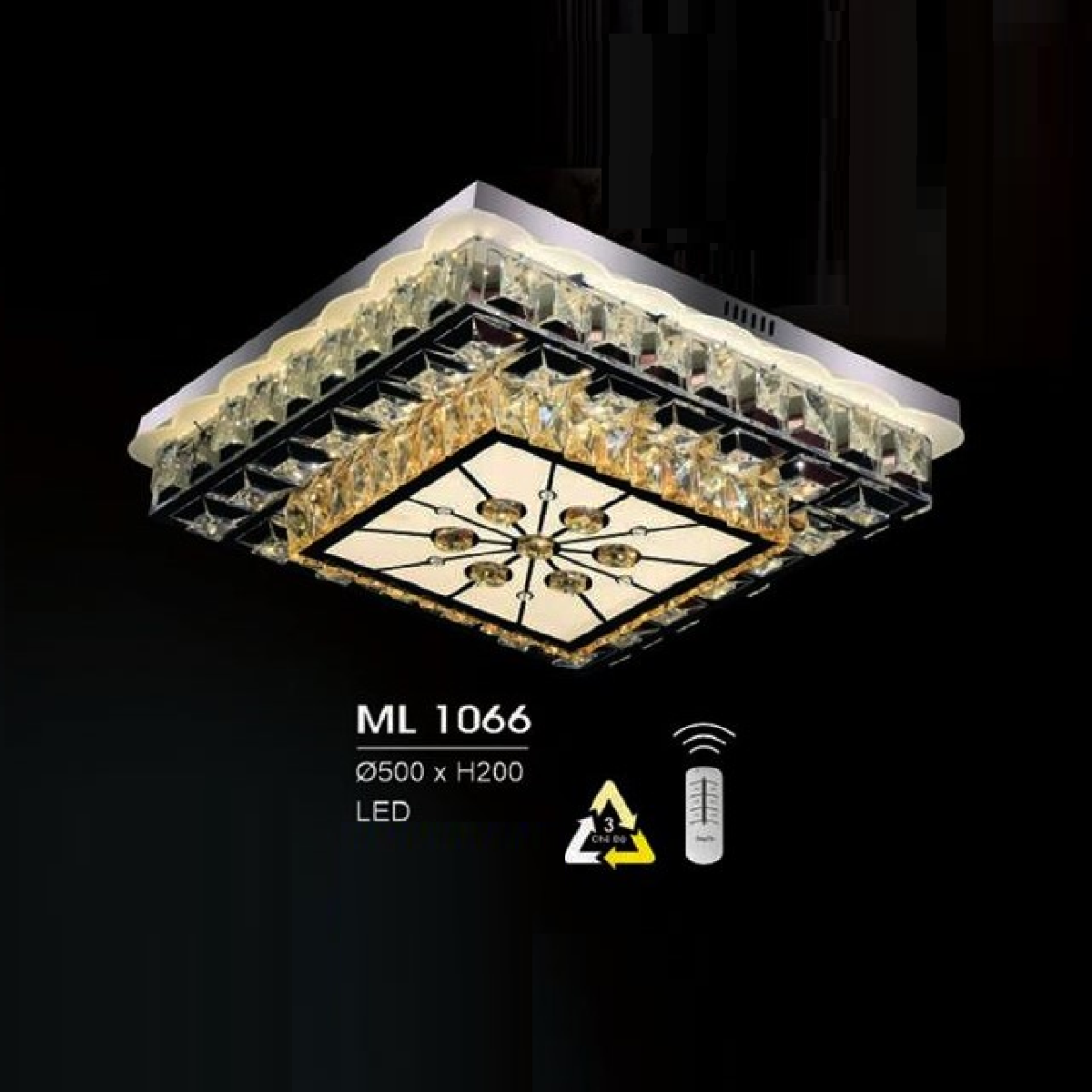 HF - ML 1066: Đèn áp trần vuông LED - KT: L500mm x W500mm x H200mm - Đèn LED đổi 3 màu - Remote