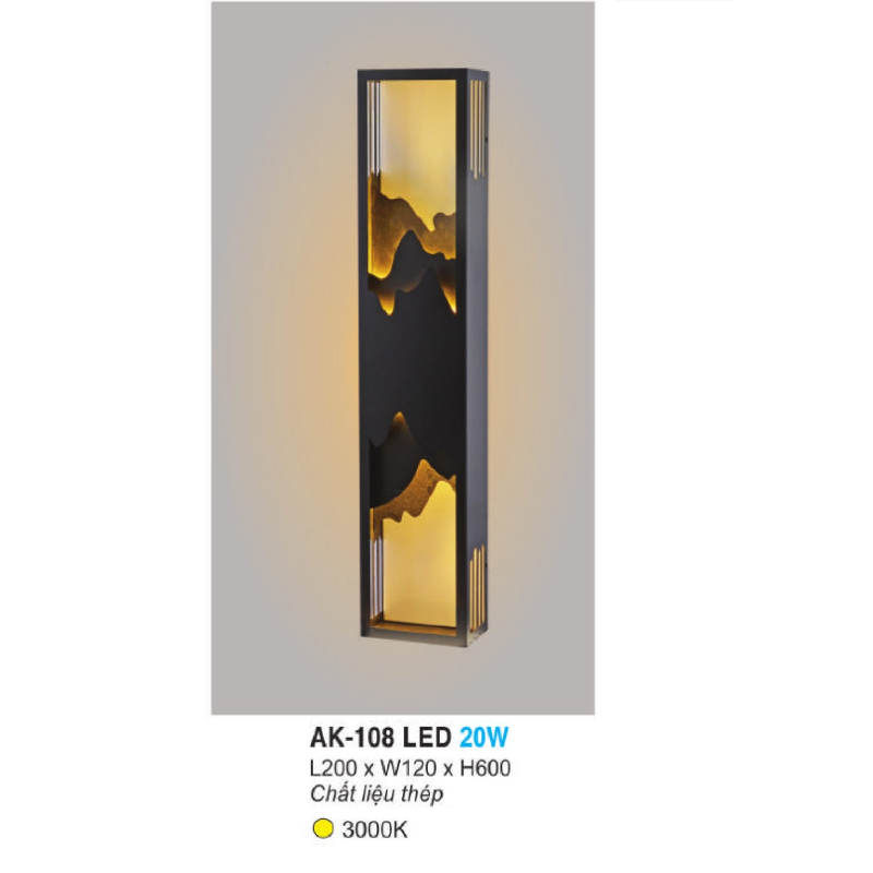 AK -108: Đèn LED gắn tường ngoài trời - KT: L200mm x W120mm x H600mm - Đèn LED 20W, ánh sáng vàng 3000K