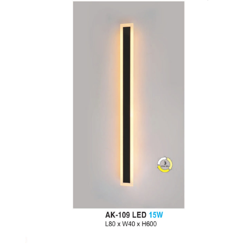 AK -109: Đèn LED gắn tường ngoài trời - KT: L80mm x W40mm x H600mm - Đèn LED 15W ánh sáng đổi 3 màu