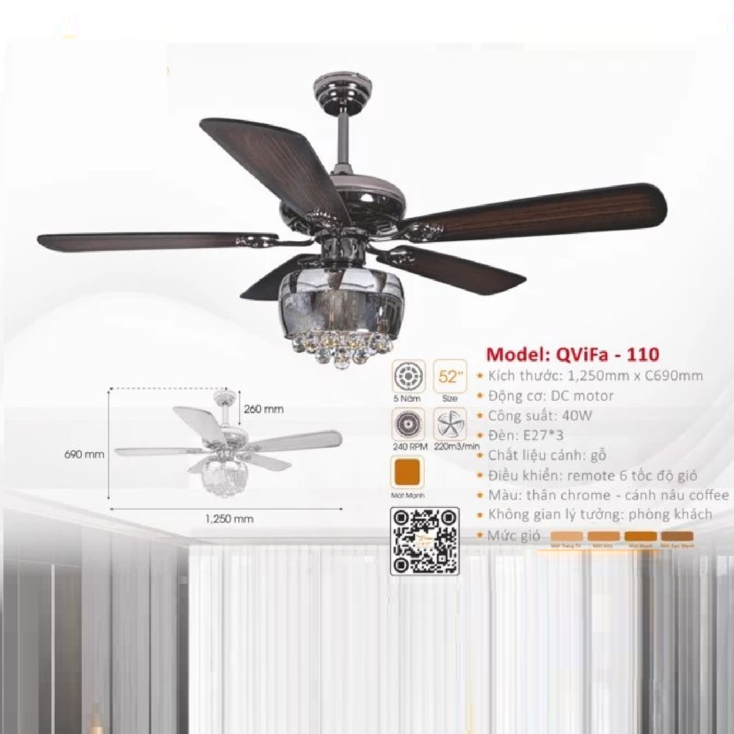 QViFa - 110: Quạt trần đèn  5 cánh gỗ