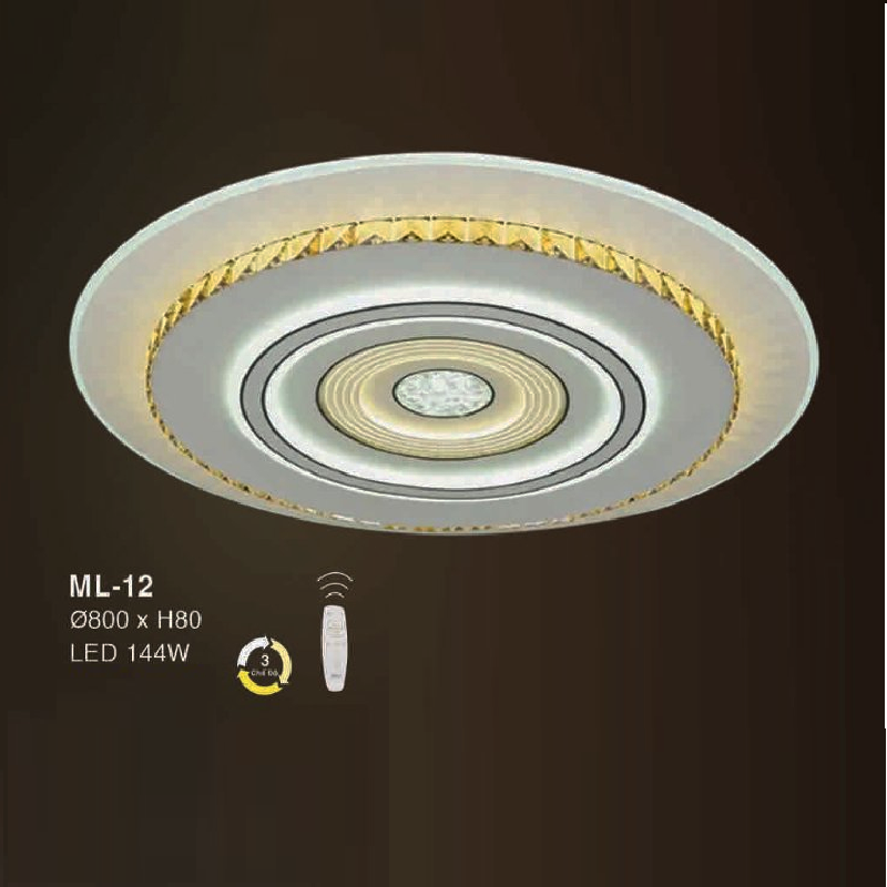 E - ML - 12: Đèn áp trần LED Mica - KT: Ø800mm x H80mm - Đèn LED 144W ánh sáng đổi 3 màu - Remote