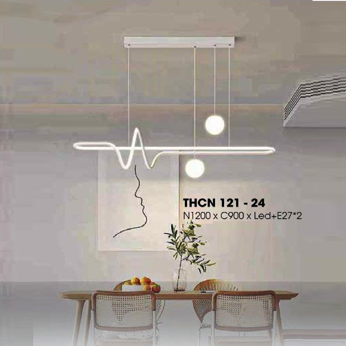 THCN 121-24: Đèn thả ngang LED + đèn chao quả bi - KT: L1200mm x H900mm - Đèn LED + bóng đèn E27 x 2 bóng