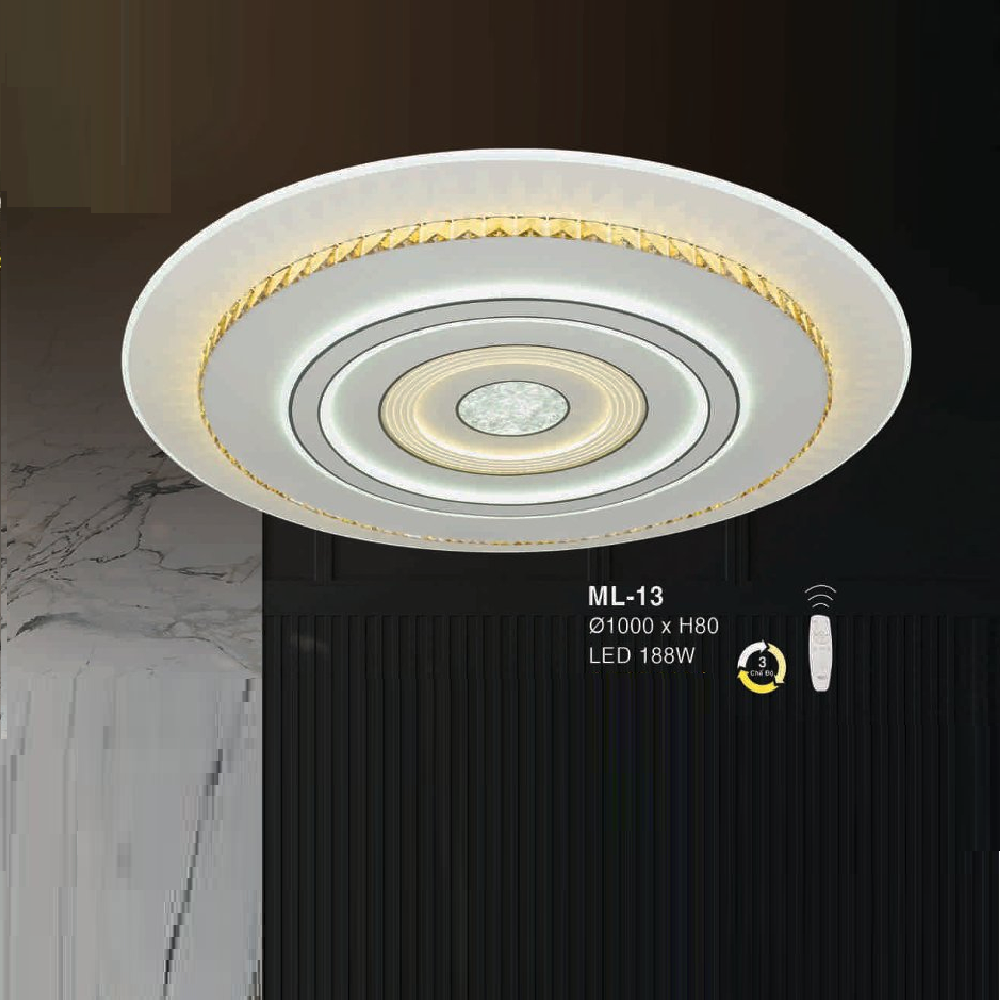 E - ML - 13:  Đèn áp trần LED Mica - KT: Ø1000mm x H60mm - Đèn LED 188W ánh sáng đổi 3 màu - Remote