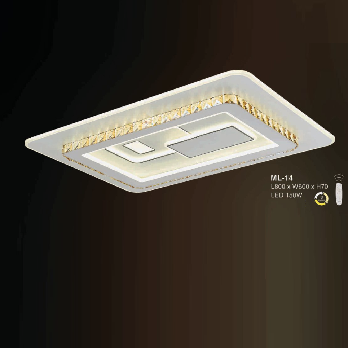E - ML - 14: Đèn áp trần LED chữ nhật - KT: L800mm x W600mm x H70mm  - Đèn LED 150W  ánh sáng đổi 3 màu - Remote