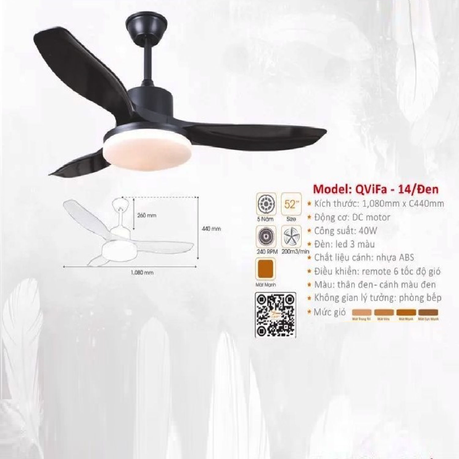 QViFa - 14/Đen: Quạt trần đèn LED 3 cánh Nhựa màu đen
