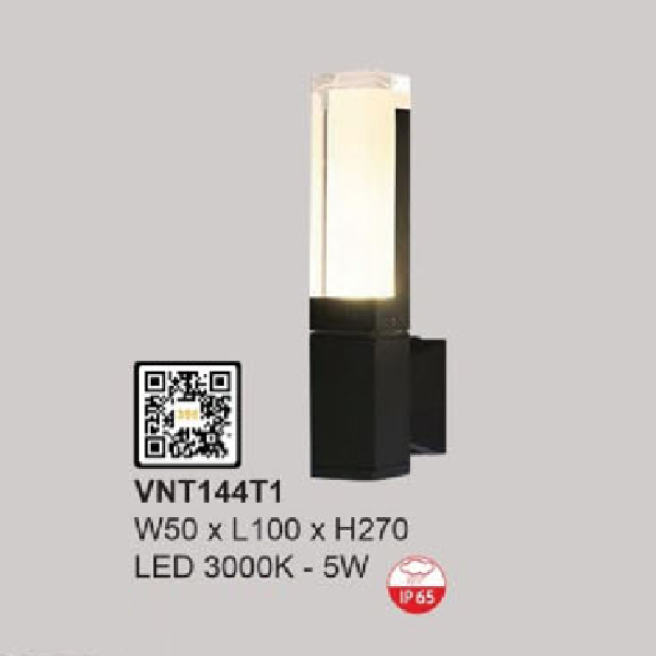 VNT144T1: Đèn LED gắn tường ngoài trời - KT: W50mm x L100mm x H270mm - Đèn LED 5W ánh sáng vàng 3000K